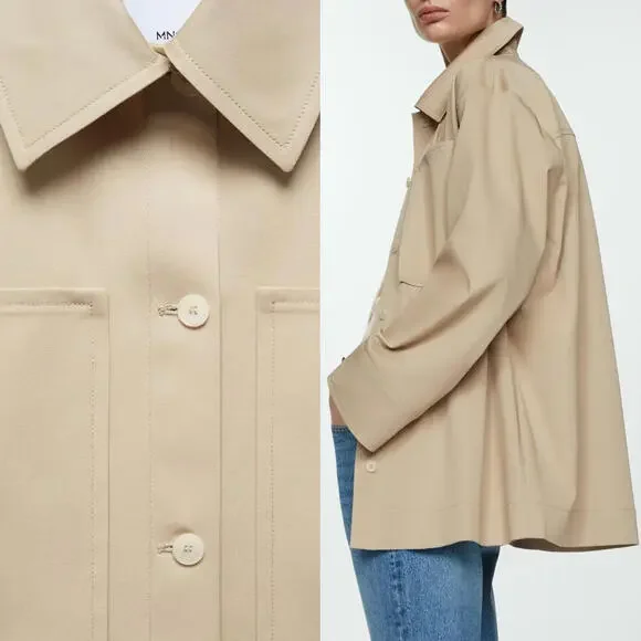 Mango Cotton Blend Oversized Overshirt with Pockets Beige NWT Small - Picture 7 of 8